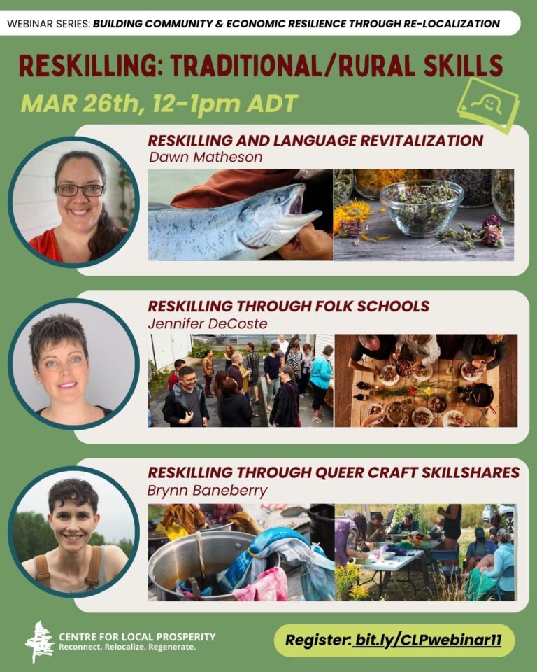 Webinar poster featuring speakers on reskilling in rural skills, including language revitalization, folk schools, and queer craft skillshares, scheduled for March 26th, 12-1pm ADT.